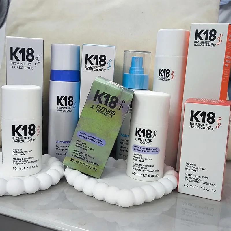 Hair Care K18 - 50ml、150ml。K18 リーブイン モレキュラーリペア ヘアマスク。深層コンディショニング、ケラチン配合。髪を柔らかくし、なめらかに整え、健康的な髪へ。